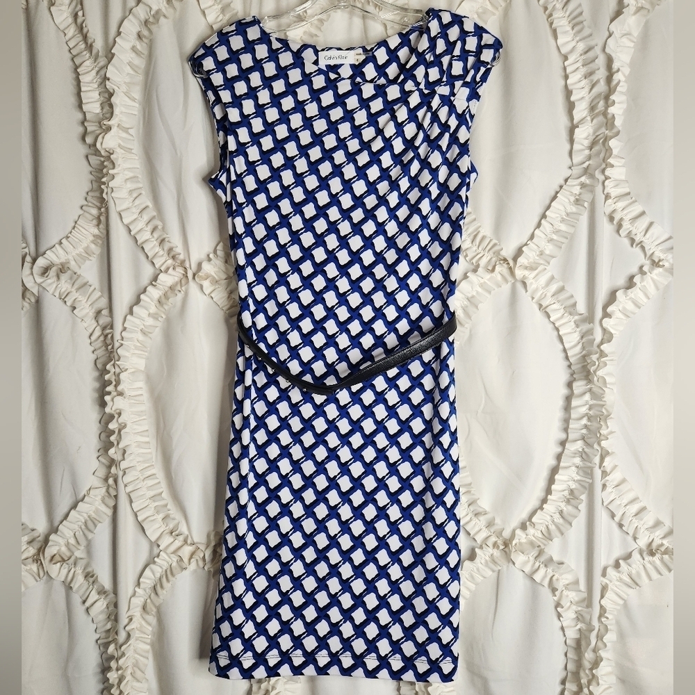Calvin Klein Blue & White Sleeveless Asymmetrical Neck Belted Sheath Dress Sz 6